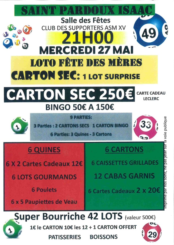 Loto spécial Fête des mères Salle des fêtes Saint-Pardoux-Isaac 2026-05-27