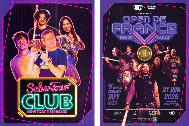 La team du SABER TOUR® CLUB avec Marcus, Kayane, TPK et Amotary et le poster du tournoi