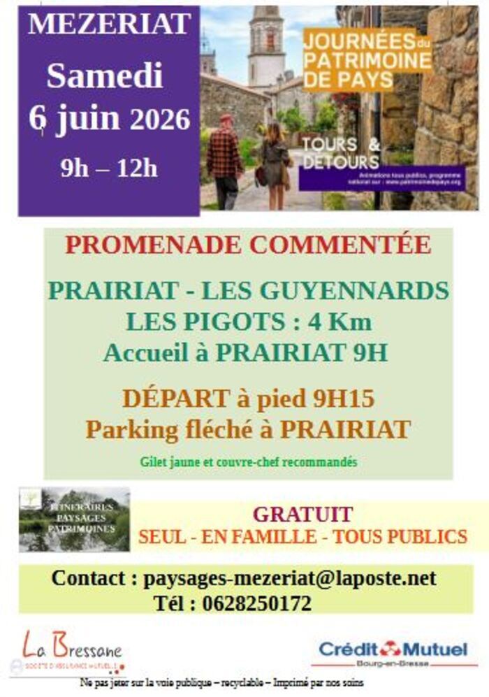 Promenade commentée POINT DE REGROUPEMENT FLECHE ROUTE DE PRAIRIAT 01660 MEZERIAT Mézériat