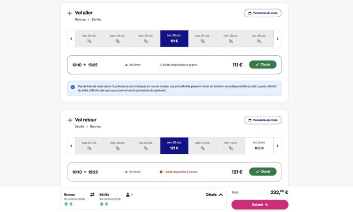 rennes séville vol avion ticket