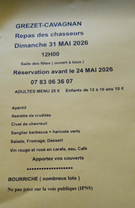 Repas des chasseurs Grézet-Cavagnan