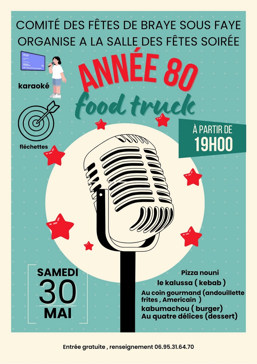 Soirée années 80 Food truck Salle des fêtes Braye-sous-Faye 2026-05-30