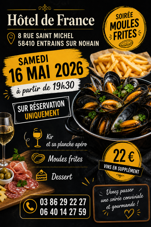 Soirée moules frites Hôtel de France Entrains-sur-Nohain