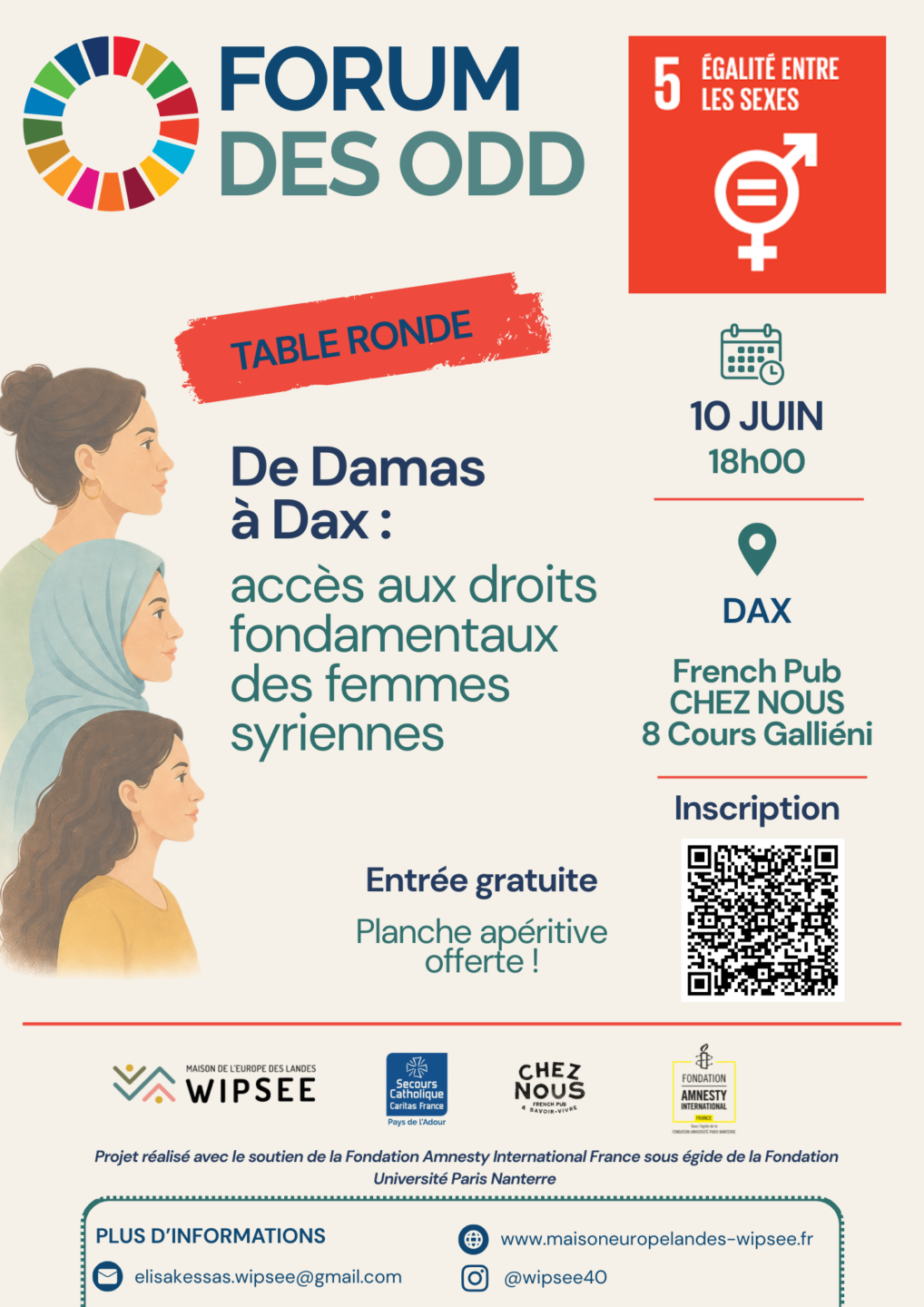 Table ronde “De Damas à Dax accès aux droits fondamentaux des femmes syriennes” French Pub CHEZ NOUS Dax