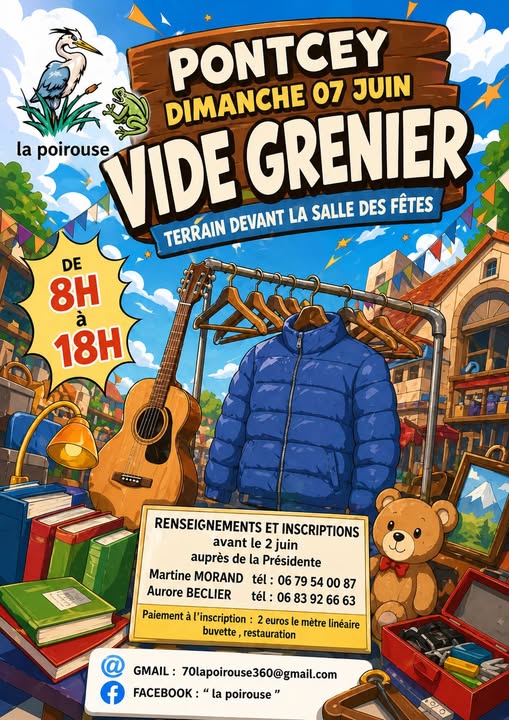 Vide grenier de la Poirouse Dimanche 7 juin 2026 Autour de la salle des fêtes de Pontcey’ Pontcey