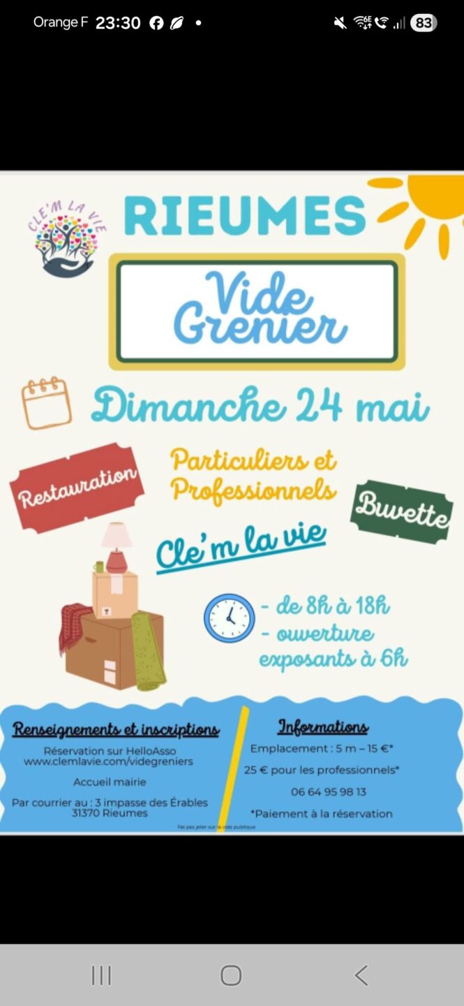VIDE-GRENIERS DE L’ASSOCIATION CLE’M LA VIE CENTRE VILLE Rieumes