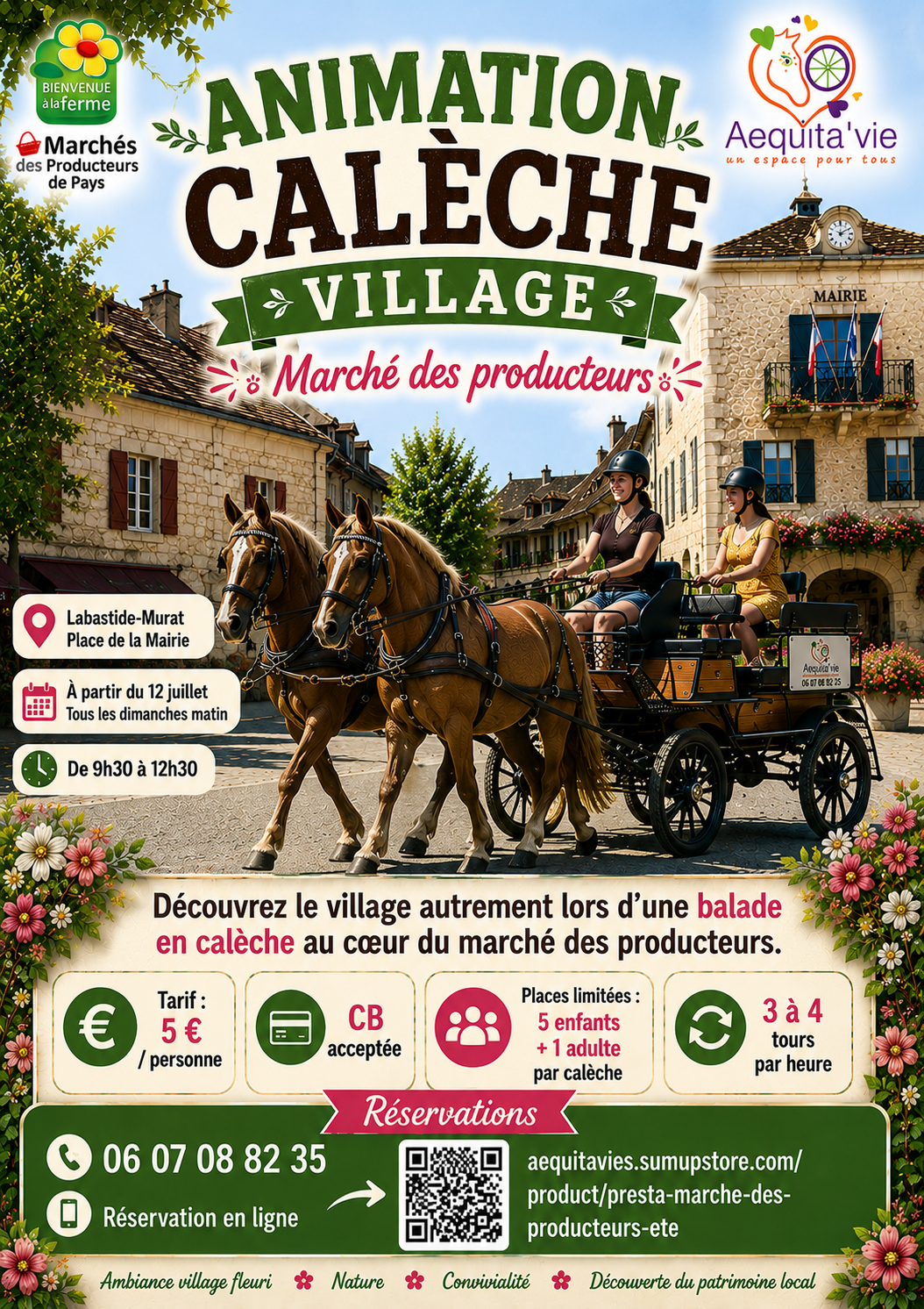 Animation calèche à Labastide-Murat Place de la mairie Cœur de Causse