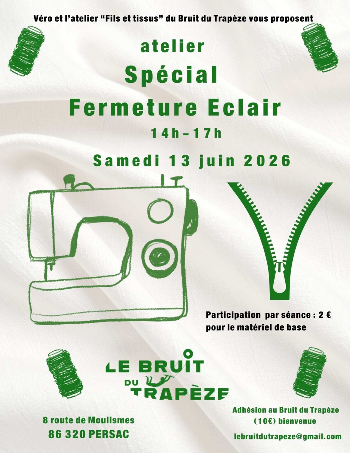 Atelier machine à coudre spécial fermeture éclair Persac