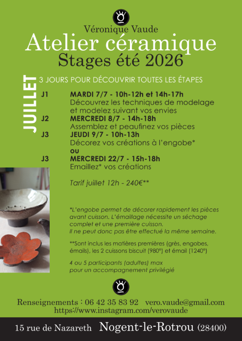 Ateliers céramique Stage de Juillet par Véronique Vaude  Nogent-le-Rotrou