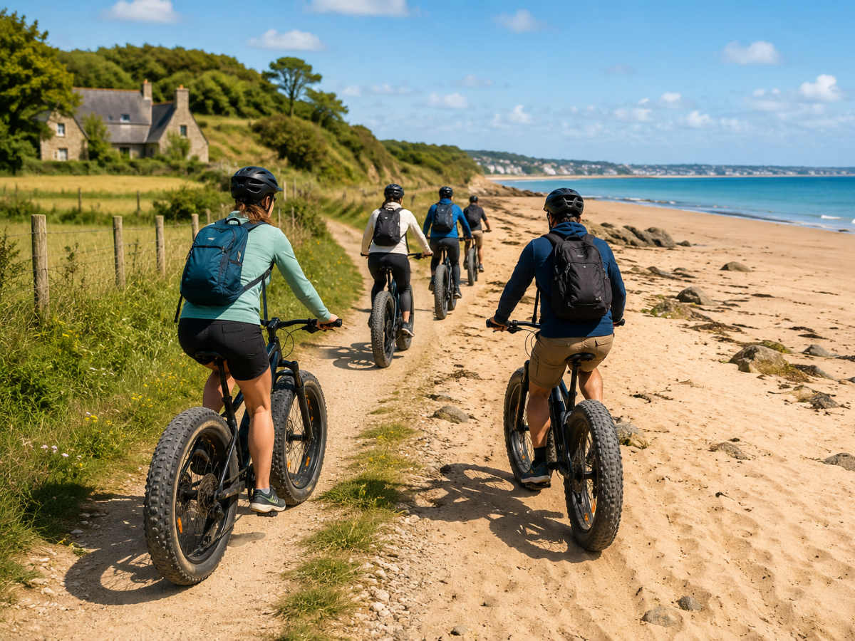 Circuit accompagné en fat bike électrique patrimoine et produits locaux Face au Super U, kiosque Tous à vélo Agon-Coutainville