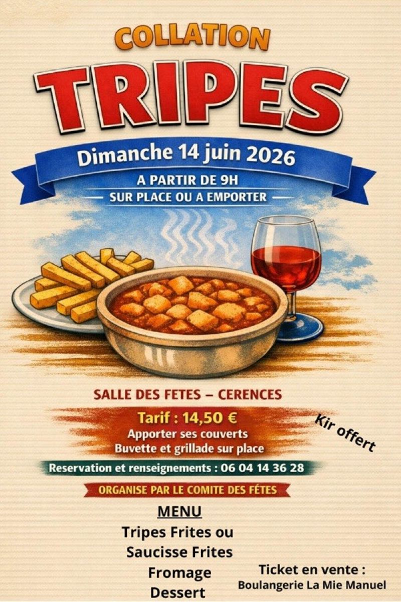 Collation tripes organisé par le comité des fêtes de Cérences Salle des fêtes de Cérences Cérences