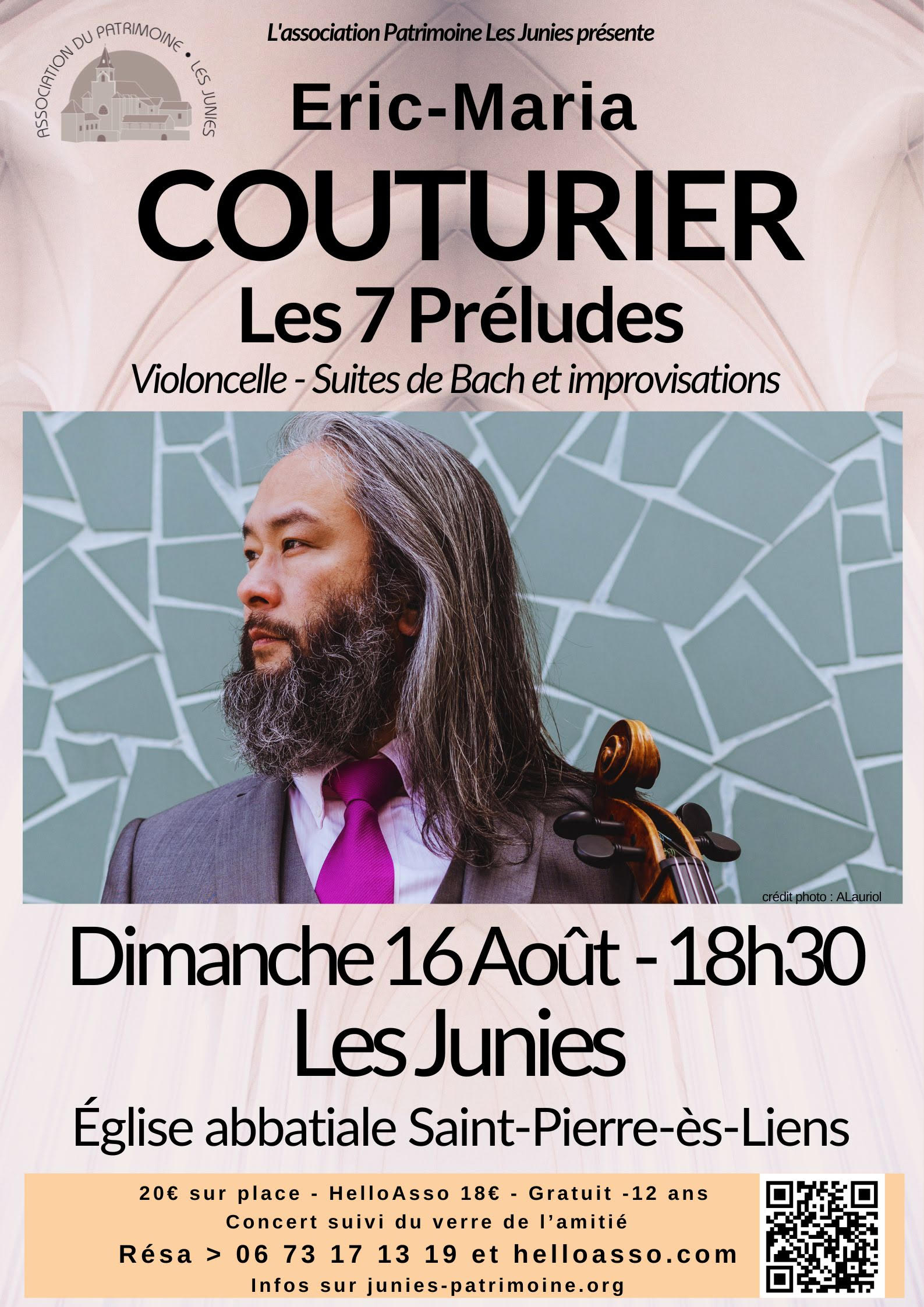 Concert aux Junies Eric-Maria Couturier Violoncelliste.  Les Junies 2026-08-16