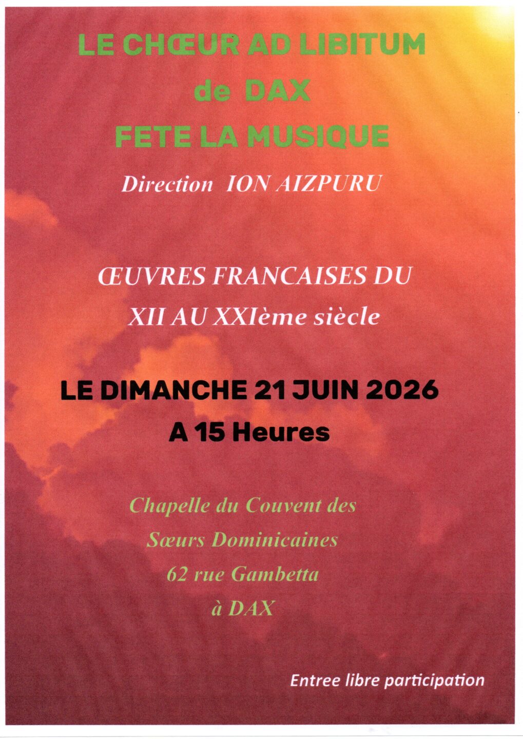 Concert de chant choral Chapelle du couvent des Dominicaines Dax