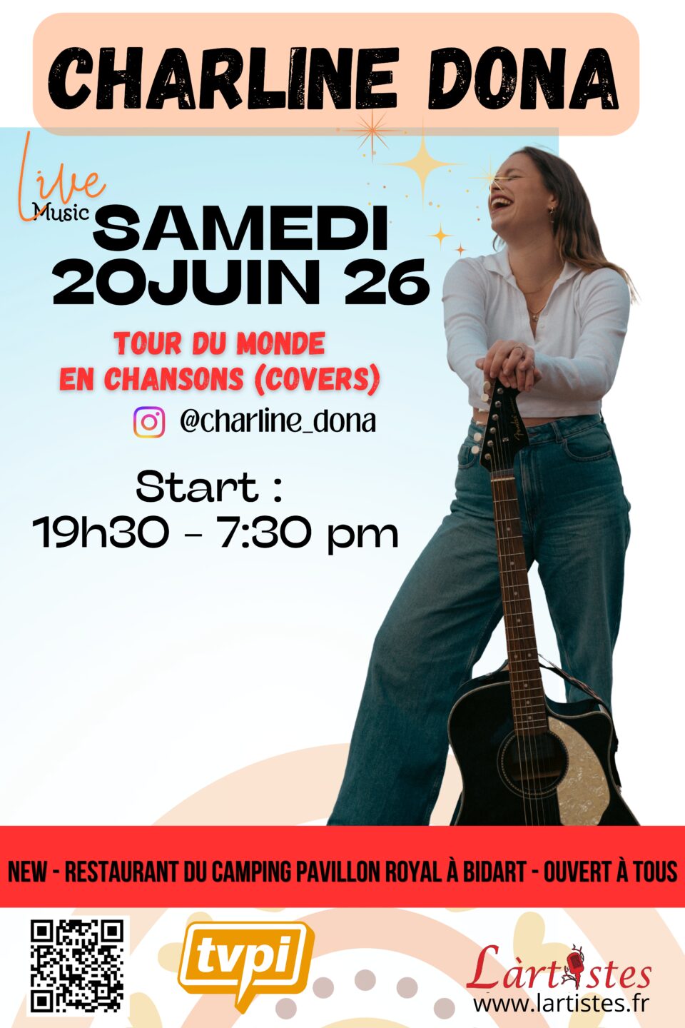 Concert de Charline Dona Tour du monde en chansons (covers) Restaurant du camping Pavillon Royal Bidart