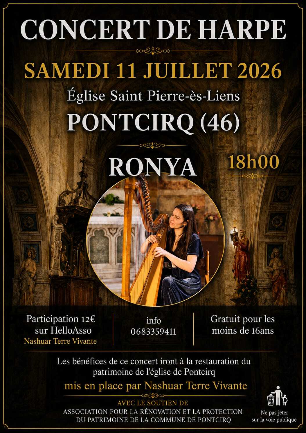 Concert de harpe à l’église Saint-Pierre-ès-Liens Pontcirq 2026-07-11