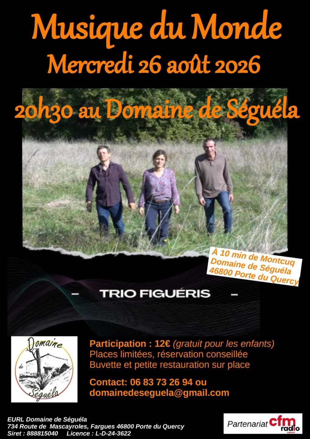Concert Musique du Monde avec le trio Figueris Fargues Porte-du-Quercy