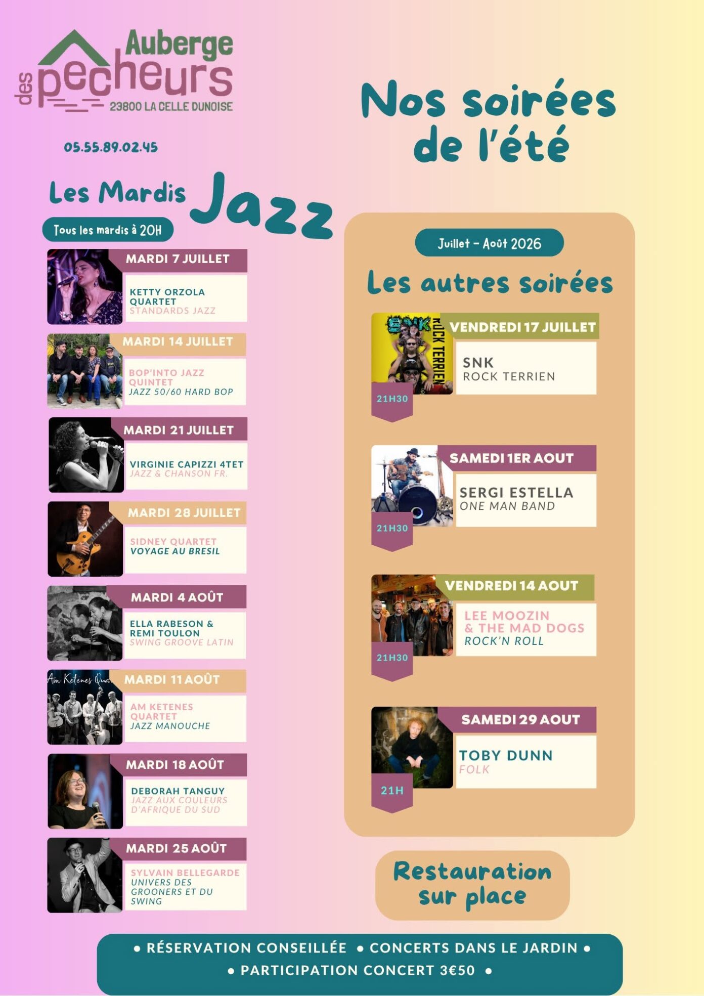 Concerts à l&rsquo;Auberge des Pêcheurs  La Celle-Dunoise