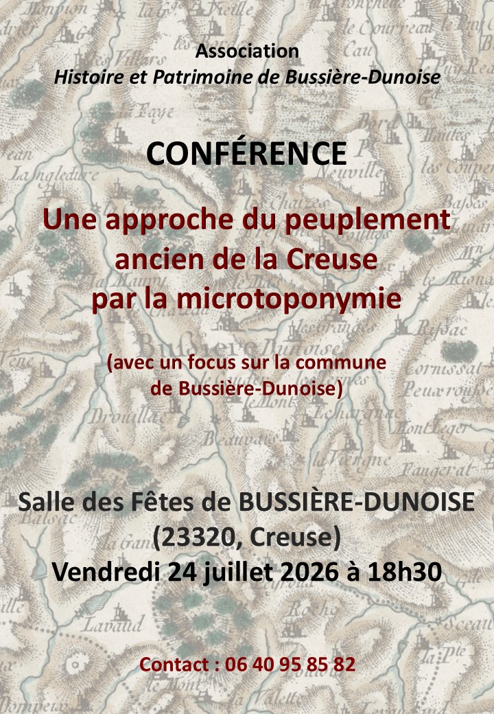 Conférence Une approche du peuplement ancien de la Creuse par la microtoponymie 1 place de l'église Bussière-Dunoise 2026-07-24