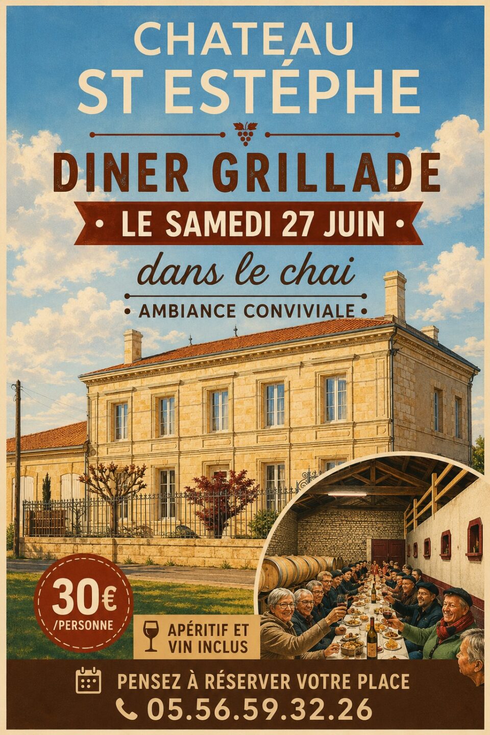Diner grillade dans le chai Château Saint-Estephe Saint-Estèphe