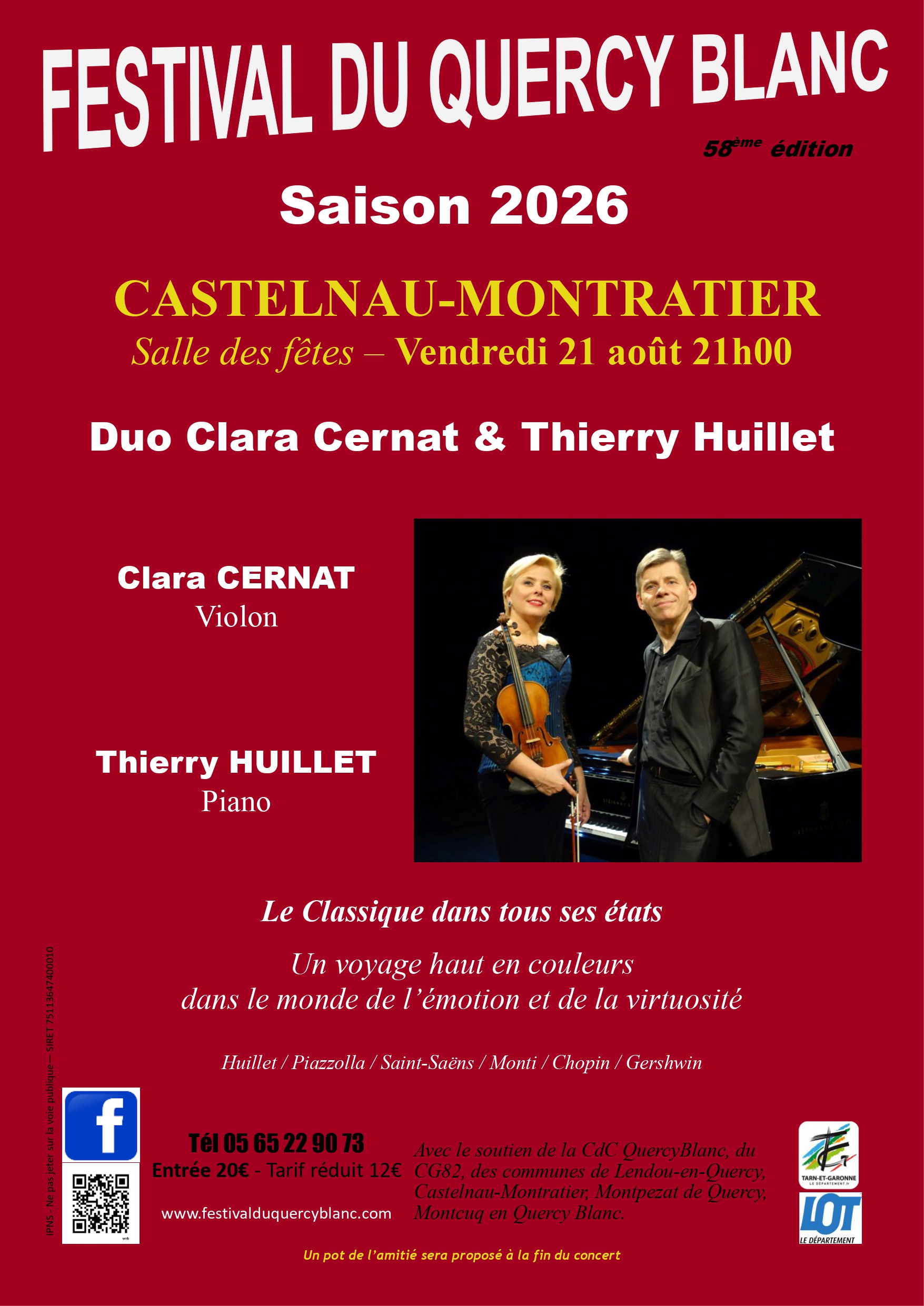 Festival du Quercy Blanc Duo piano et violon Castelnau-Montratier