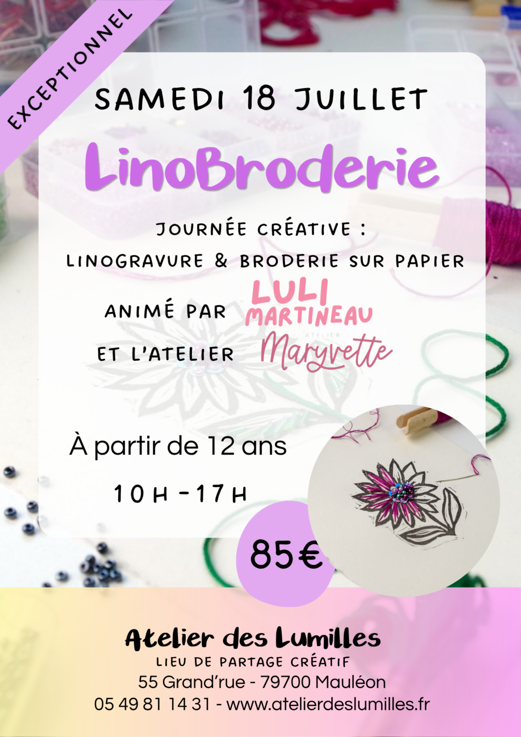 Journée créative Linogravure et broderie sur papier Atelier des Lumilles Mauléon