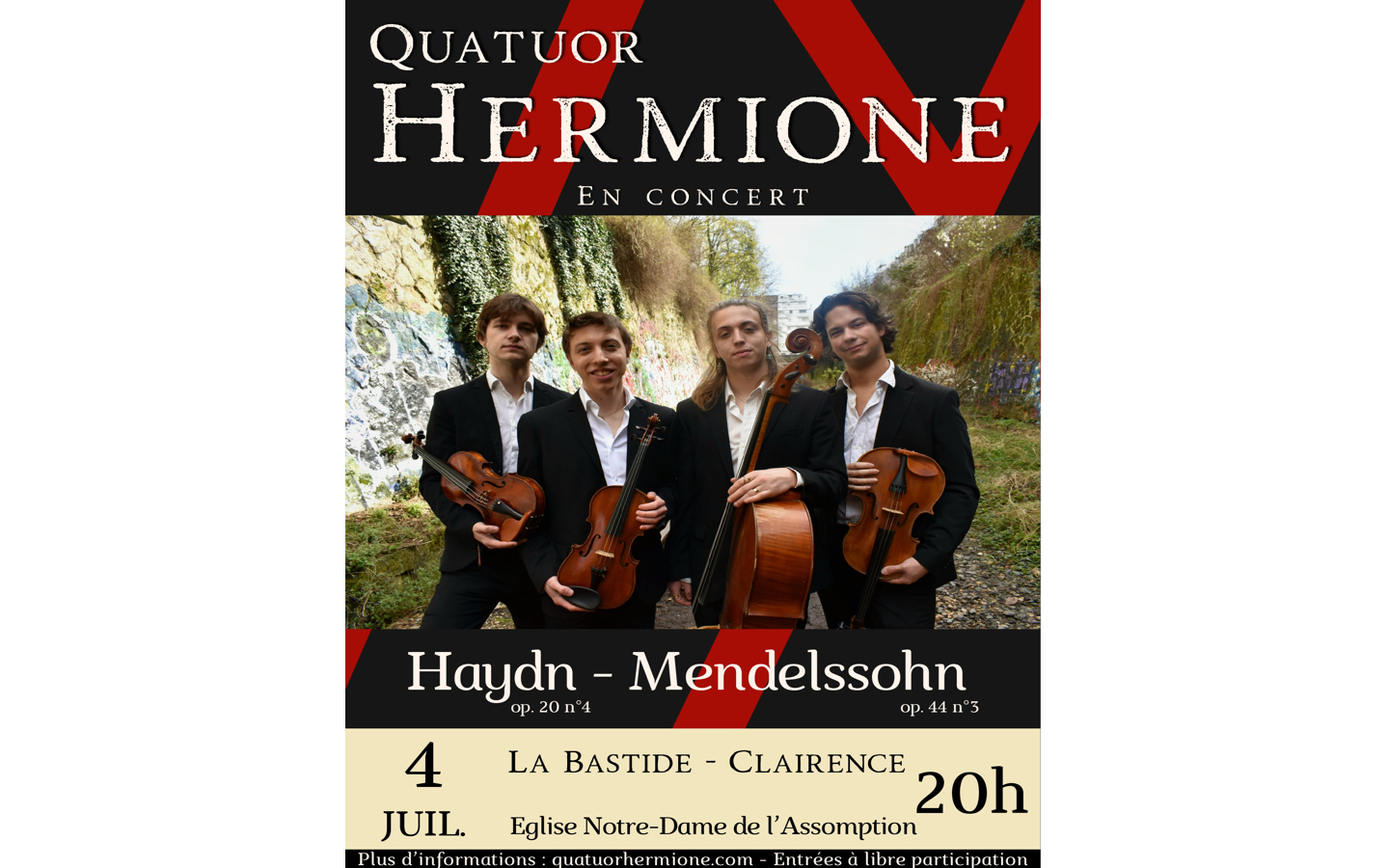 Le quatuor Hermione en concert Eglise La Bastide-Clairence