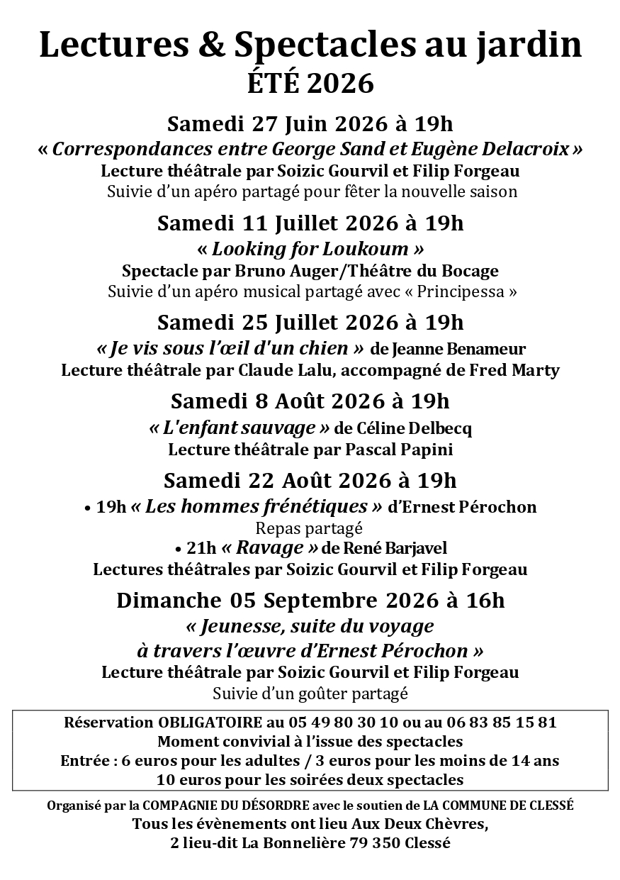 Lectures et spectacles au jardin Lecture théâtrale Aux Deux-Chèvres Clessé
