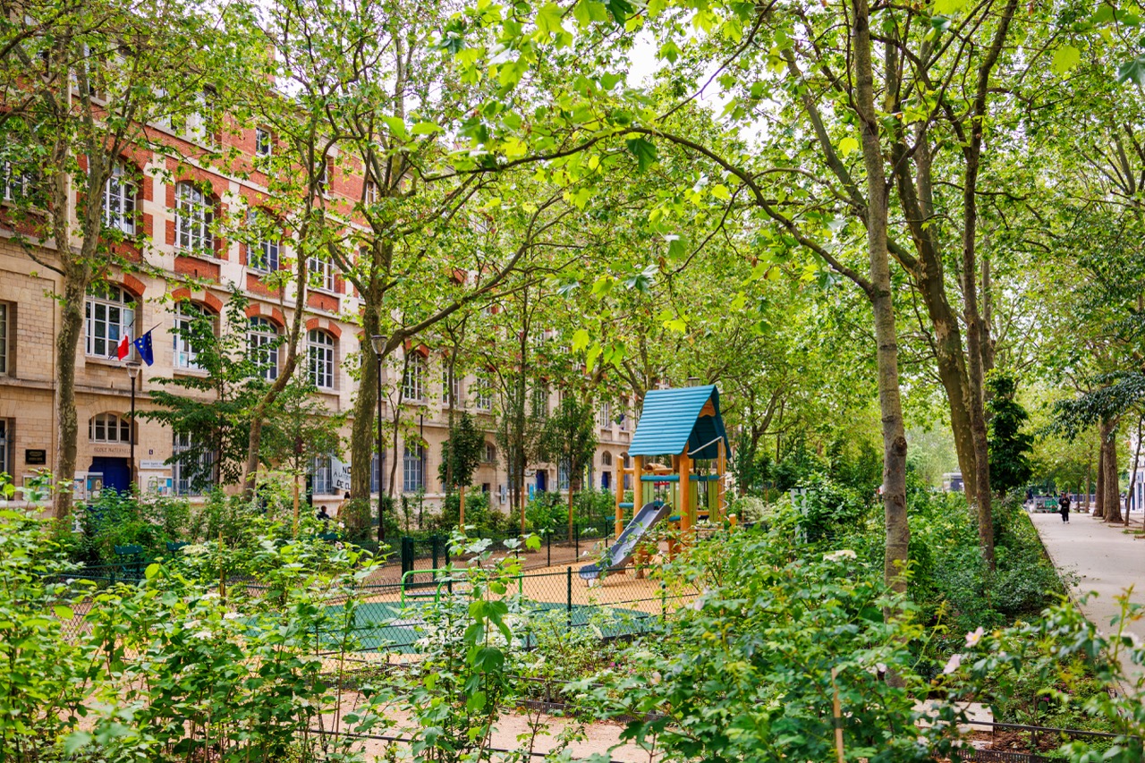 Aire de jeux pour enfants au milieu d'arbres