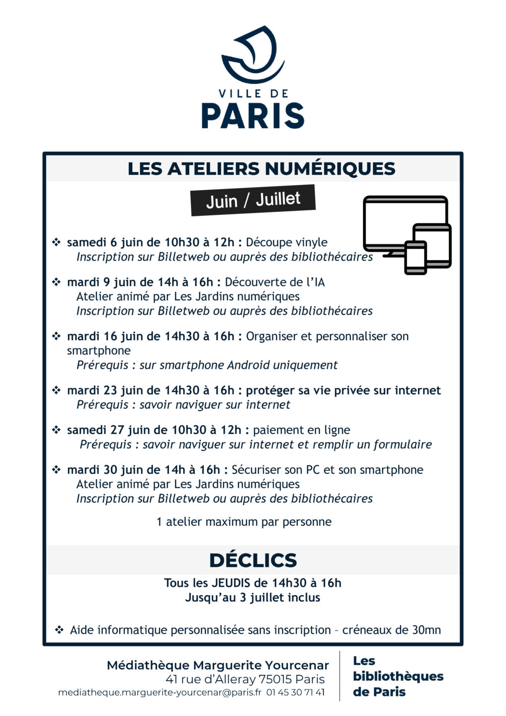 Affiche avec la liste des ateliers proposés