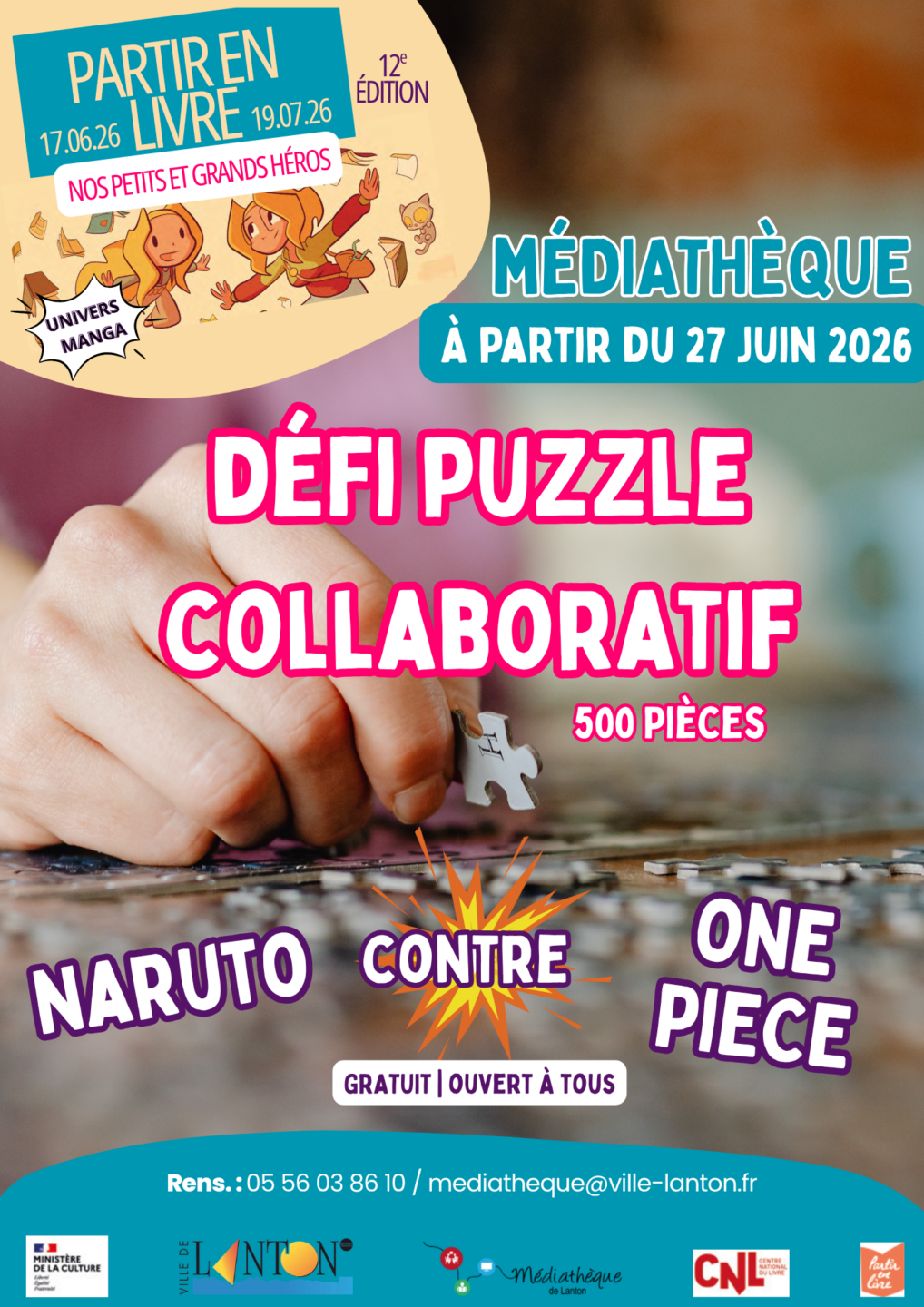 Partir en livre défi puzzle collaboratif Médiathèque Lanton