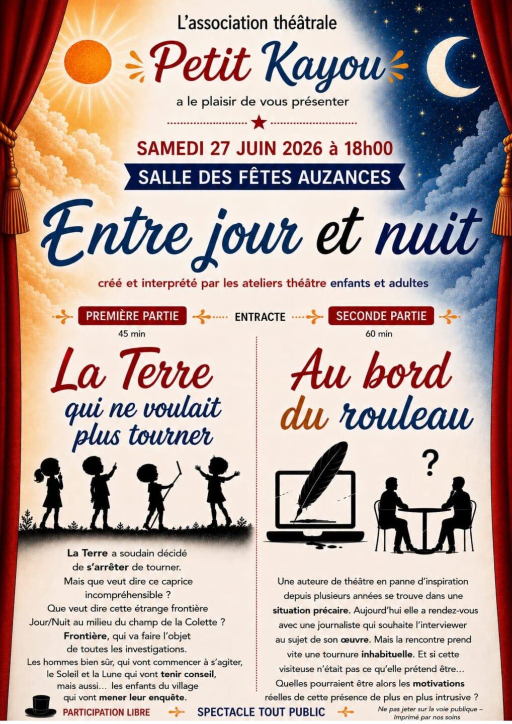 Petit K@you Théâtre Entre jour et nuit Salle des fêtes Auzances