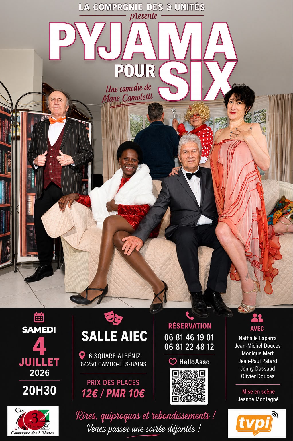 Pièce de théâtre Pyjama pour six Cie des 3 unités Salle AIEC Cambo-les-Bains