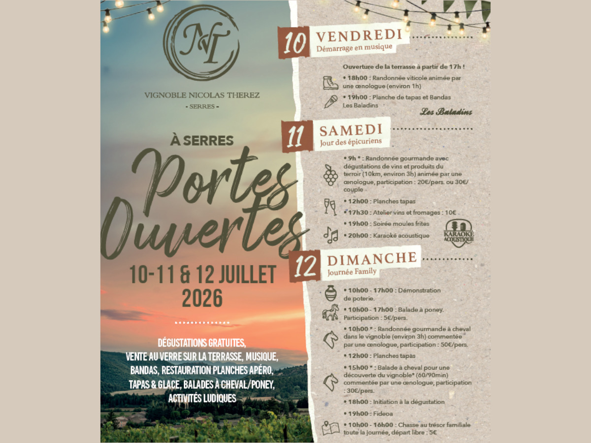 PORTES OUVERTES VIGNOBLE NICOLAS THEREZ 2 Route d'Arques Serres 2026-07-10