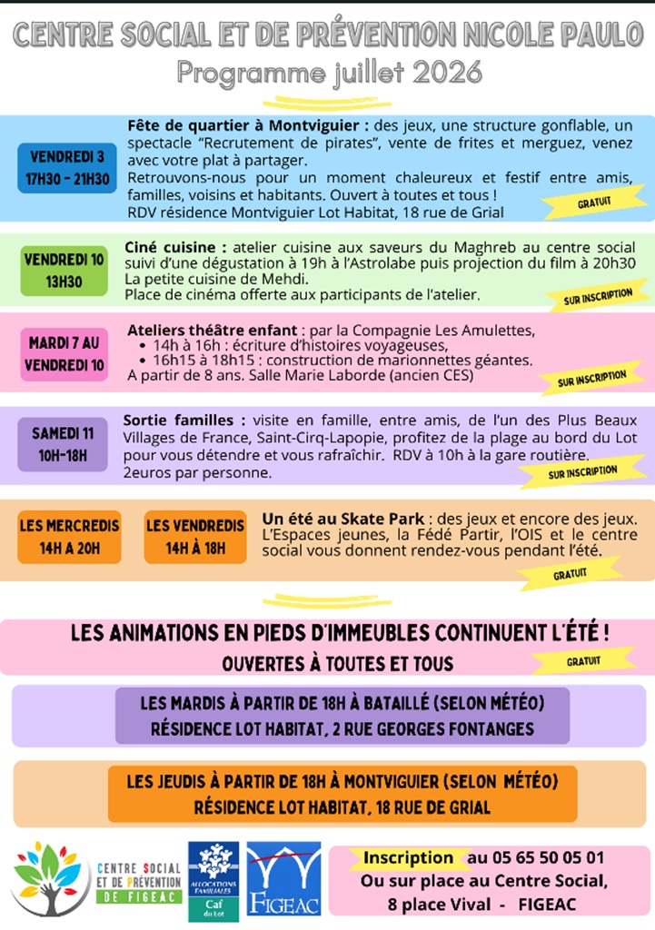 Programme des animations juillet du centre social de Figeac Figeac