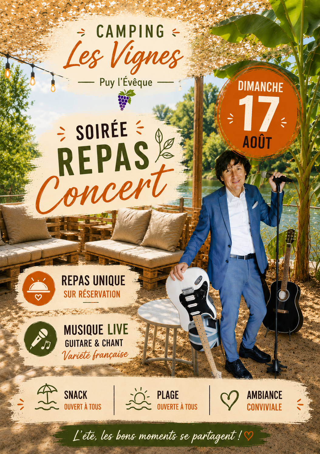 Repas concert au camping Les Vignes  Puy-l&rsquo;Évêque