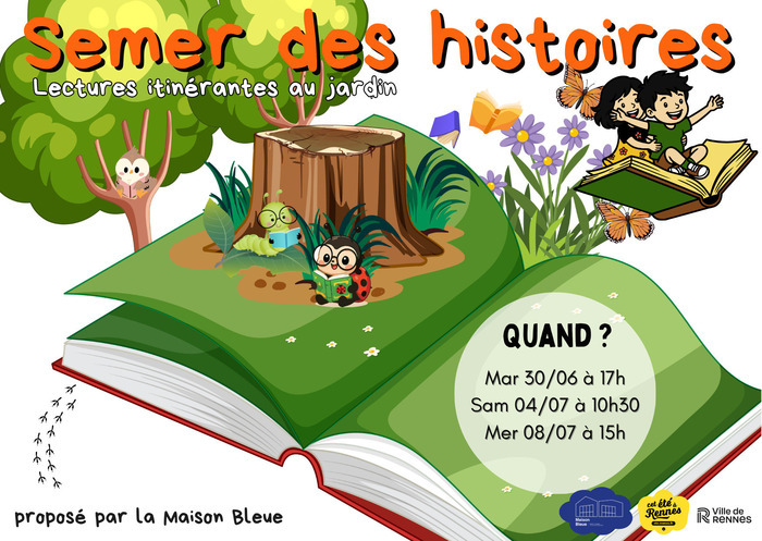Semer des histoires – Lectures itinérantes au jardin Prairies Saint-Martin, au niveau du kiosque et de la rue Armand Rébillon Rennes