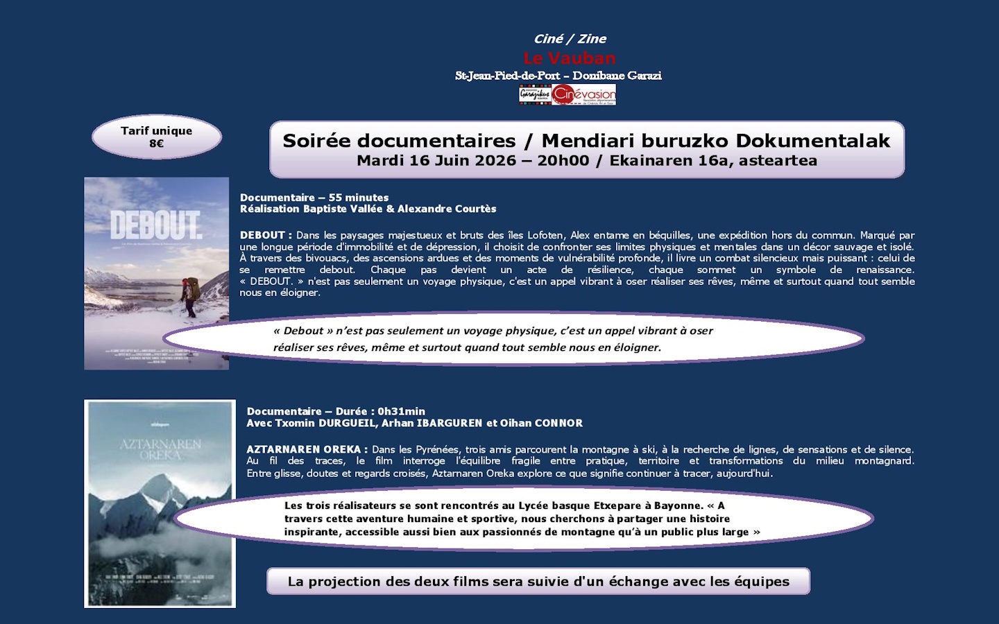 Soirée documentaires Mendiari buruzko Dokumentalak Cinéma Le Vauban Saint-Jean-Pied-de-Port