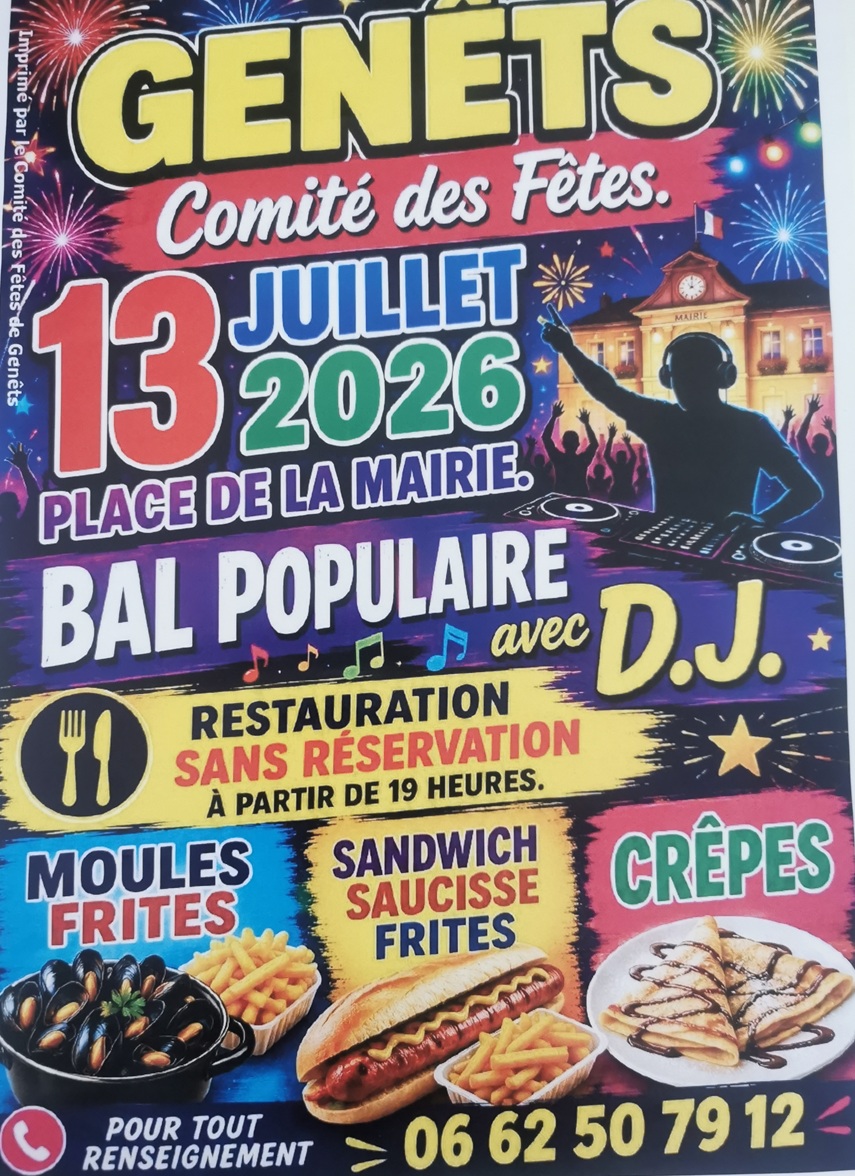 Soirée moules-frites bal populaire Place de la mairie Genêts 2026-07-13