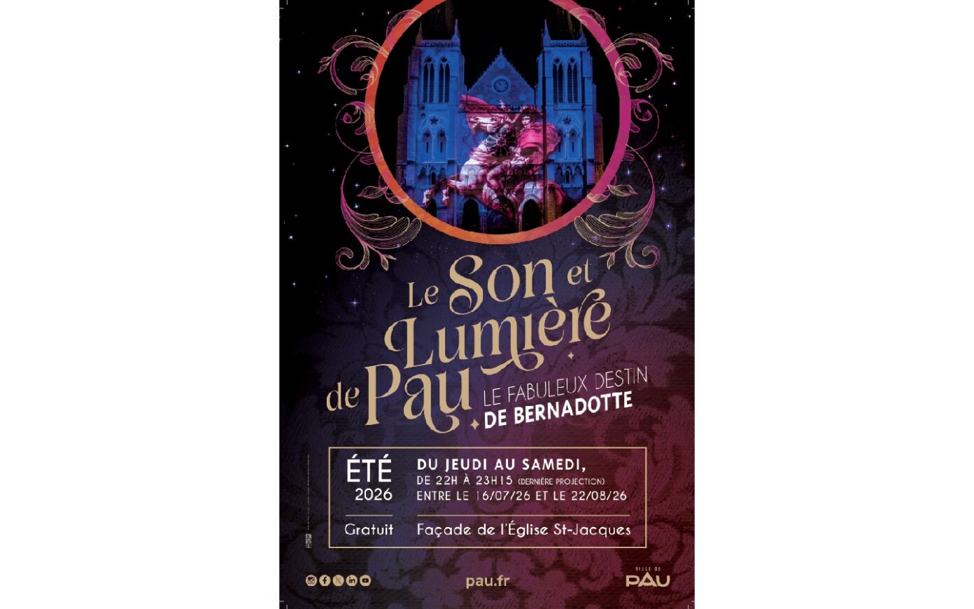 Spectacle son et lumière: Le fabuleux destin de Bernadotte Façade de l&rsquo;église Saint-Jacques Pau