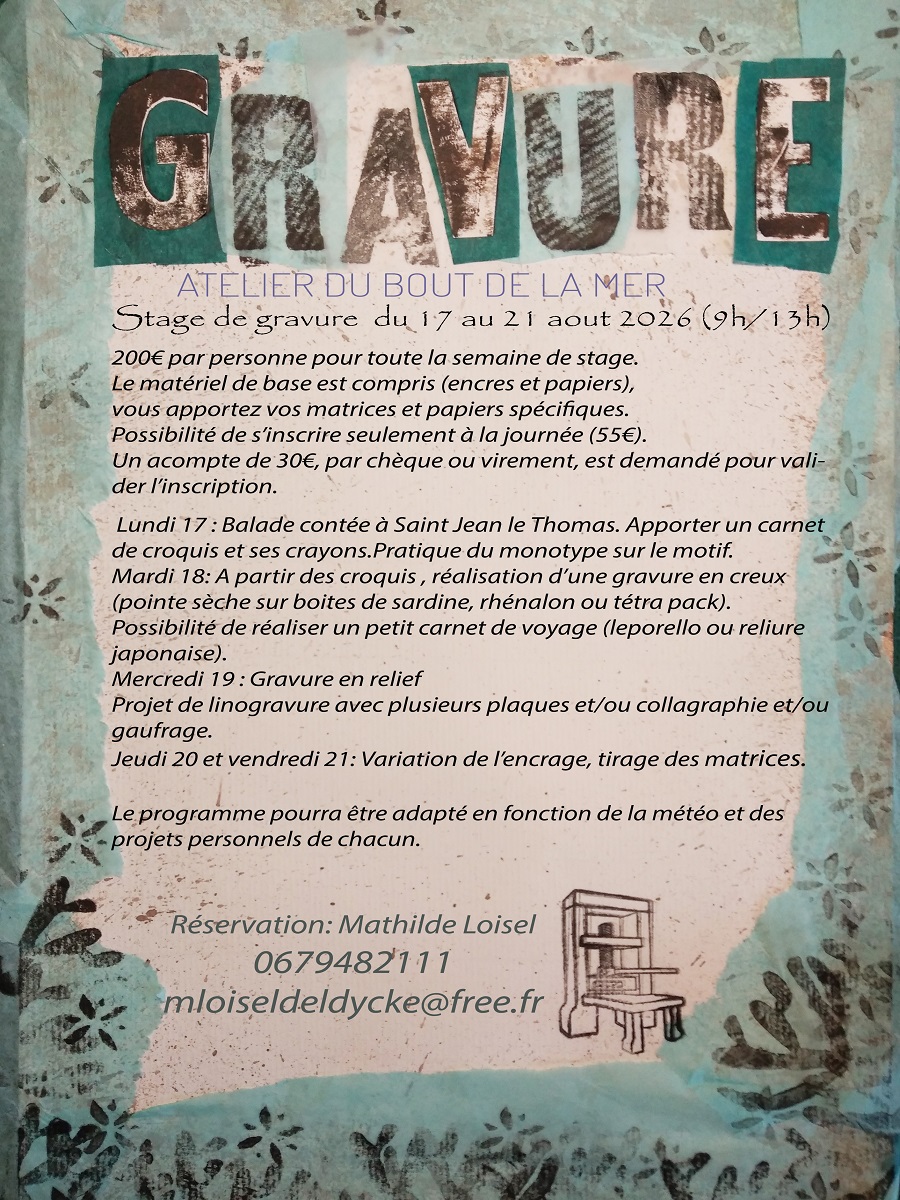 Stage de gravure 2 avenue de la Libération Saint-Jean-le-Thomas 2026-08-17