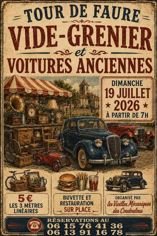 Vide grenier exposition de voitures anciennes Tour-de-Faure