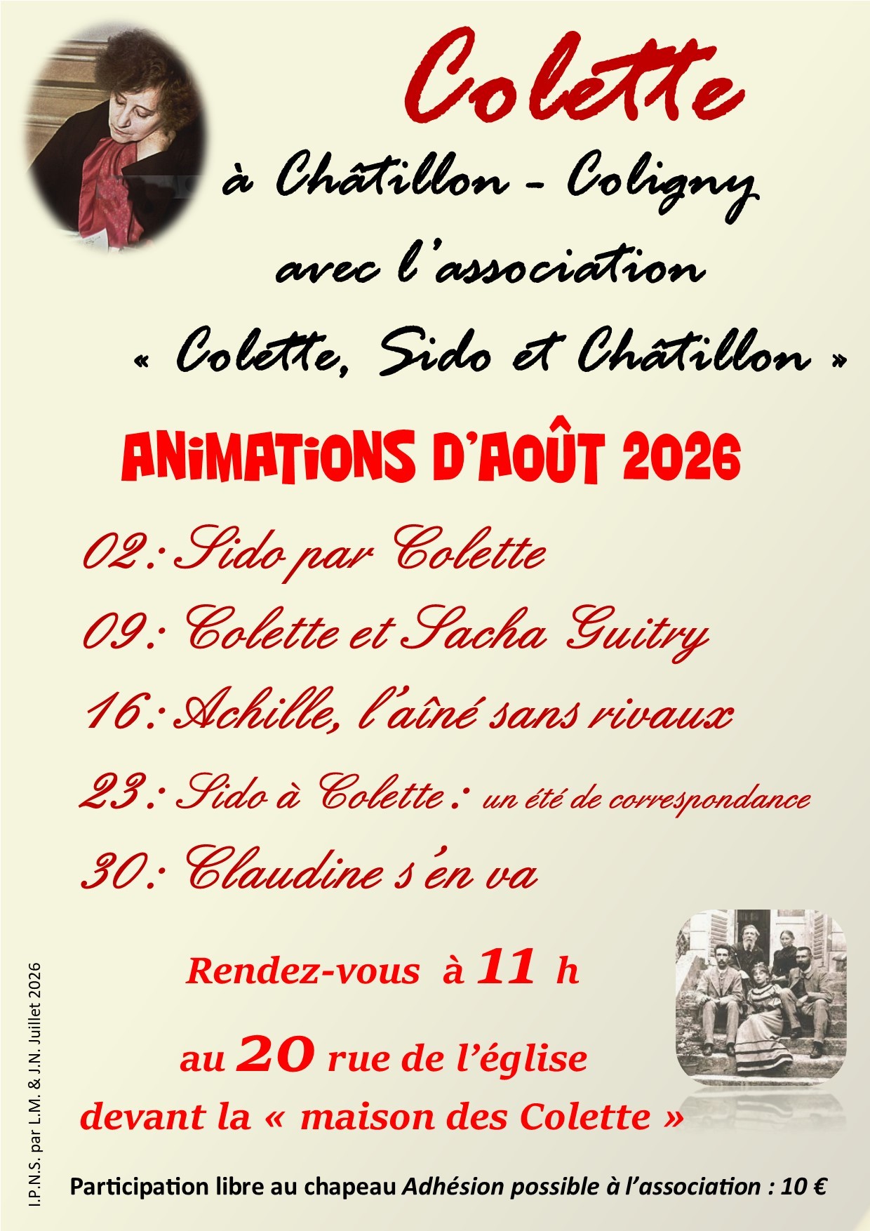 Animations autour de Colette août 20 Rue de l'Eglise Châtillon-Coligny 2026-08-02