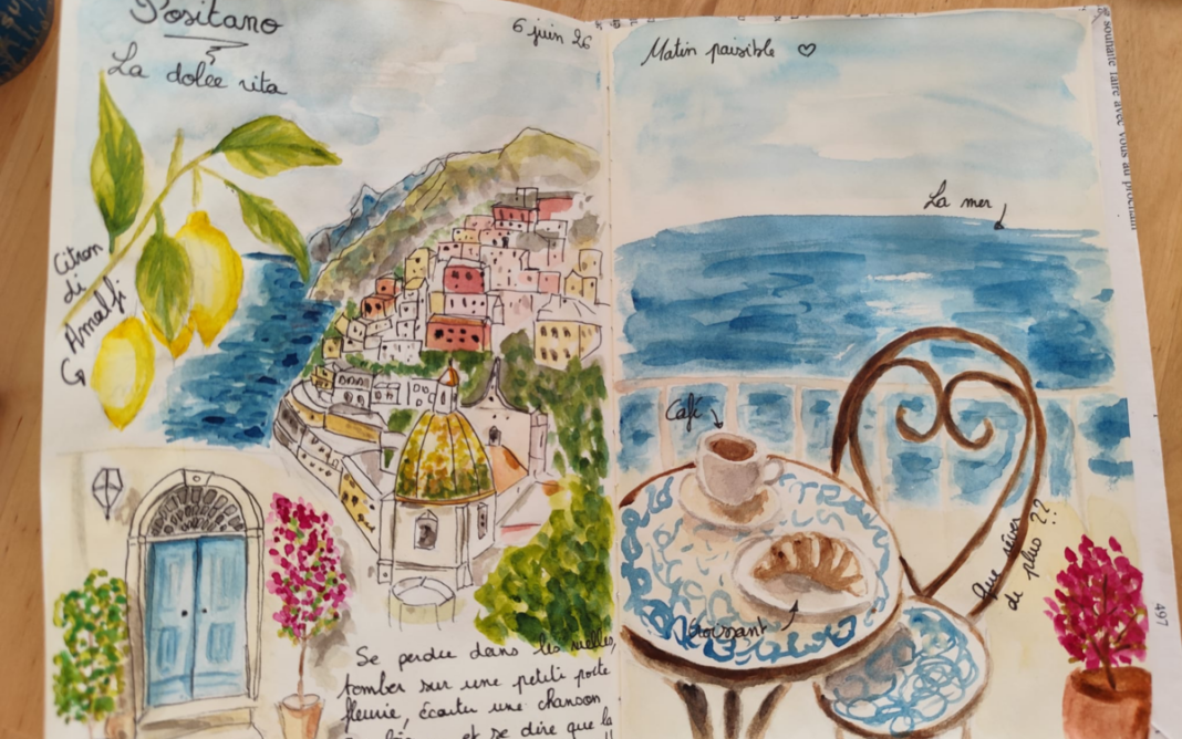 Aquarelle : carnet de voyage Feuille Blanche, Café Noir Paris