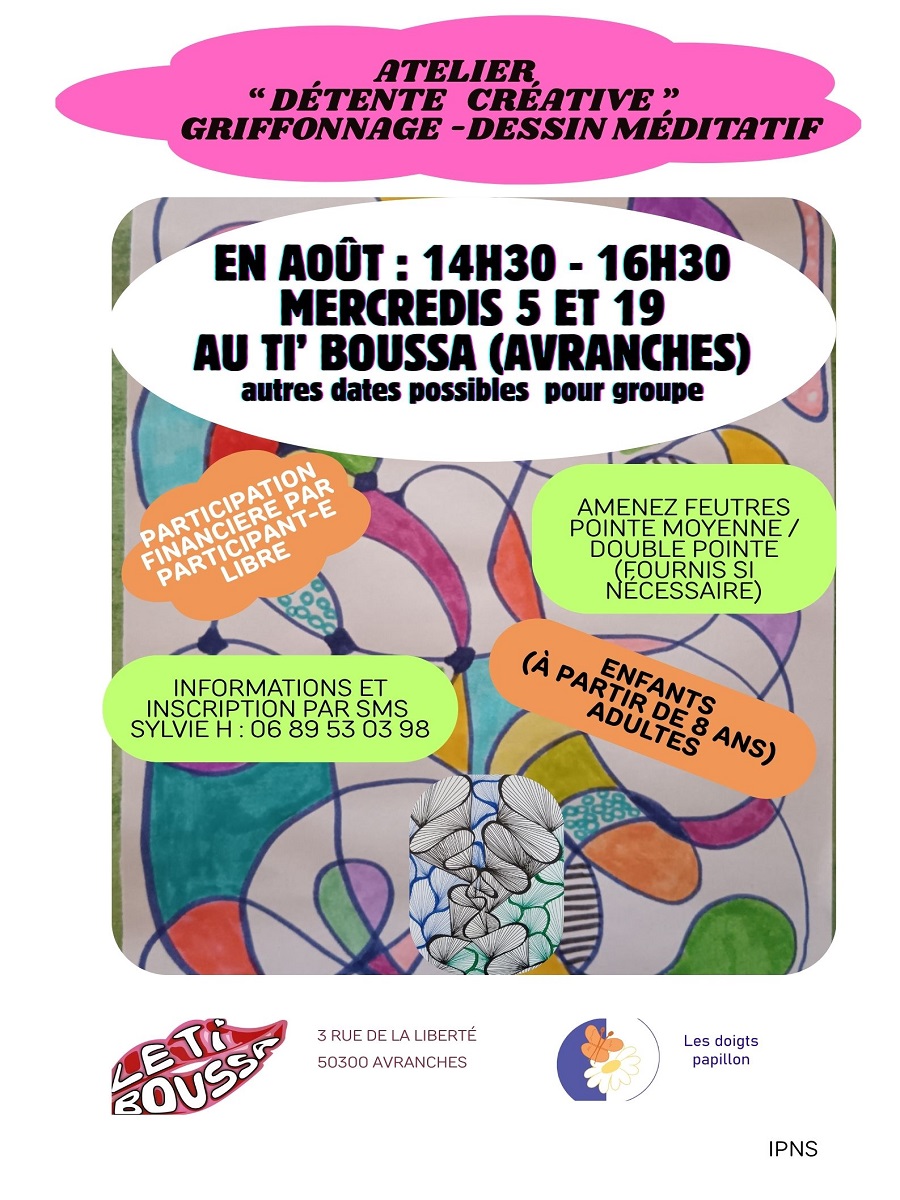Atelier détente créative griffonnage dessin méditatif Bar solidaire Le Ti’Boussa Avranches