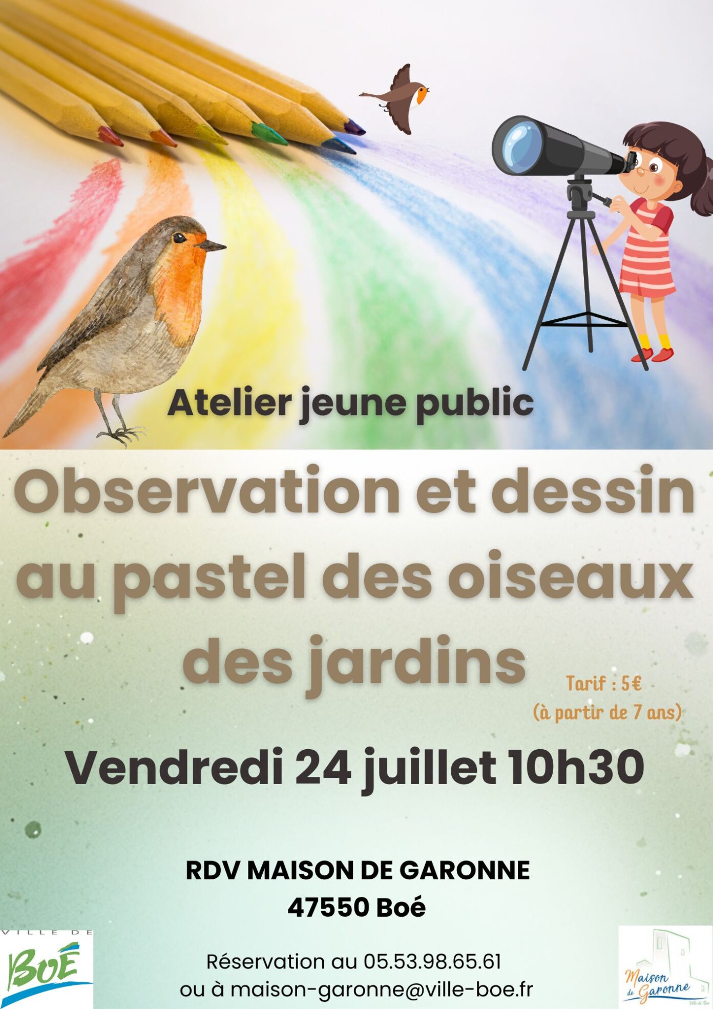 Atelier d&rsquo;observation des oiseaux et de dessin crayons pastel Maison de Garonne Boé