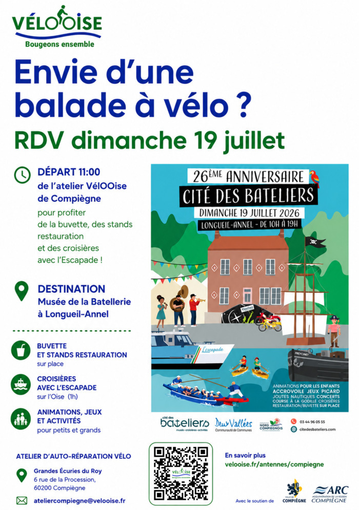 Balade familiale à Vélo – Dimanche 19 juillet de Compiègne à la cité des bateliers (Longueil-Annel). Départ 11:00, Atelier Compiègne, Évry-Grégy-sur-Yerre