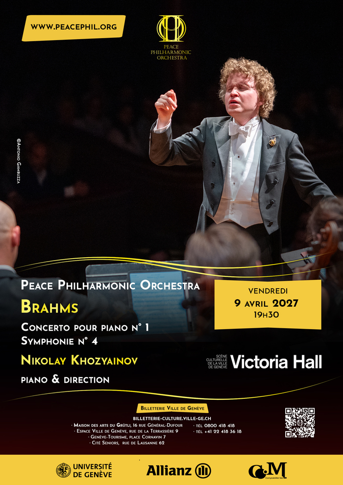Brahms: Concerto pour piano n° 1 et Symphonie n° 4 – Peace Philharmonic Orchestra – Nikolay Khozyainov, piano et direction, Victoria Hall, Genève