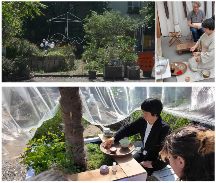Cérémonie de thé à « Hanami Teahouse », pavillon de thé éphémère pour
appréciation des fleurs au jardin, Jardin éco-poétique du 16 bis, Saint-Ouen-sur-Seine