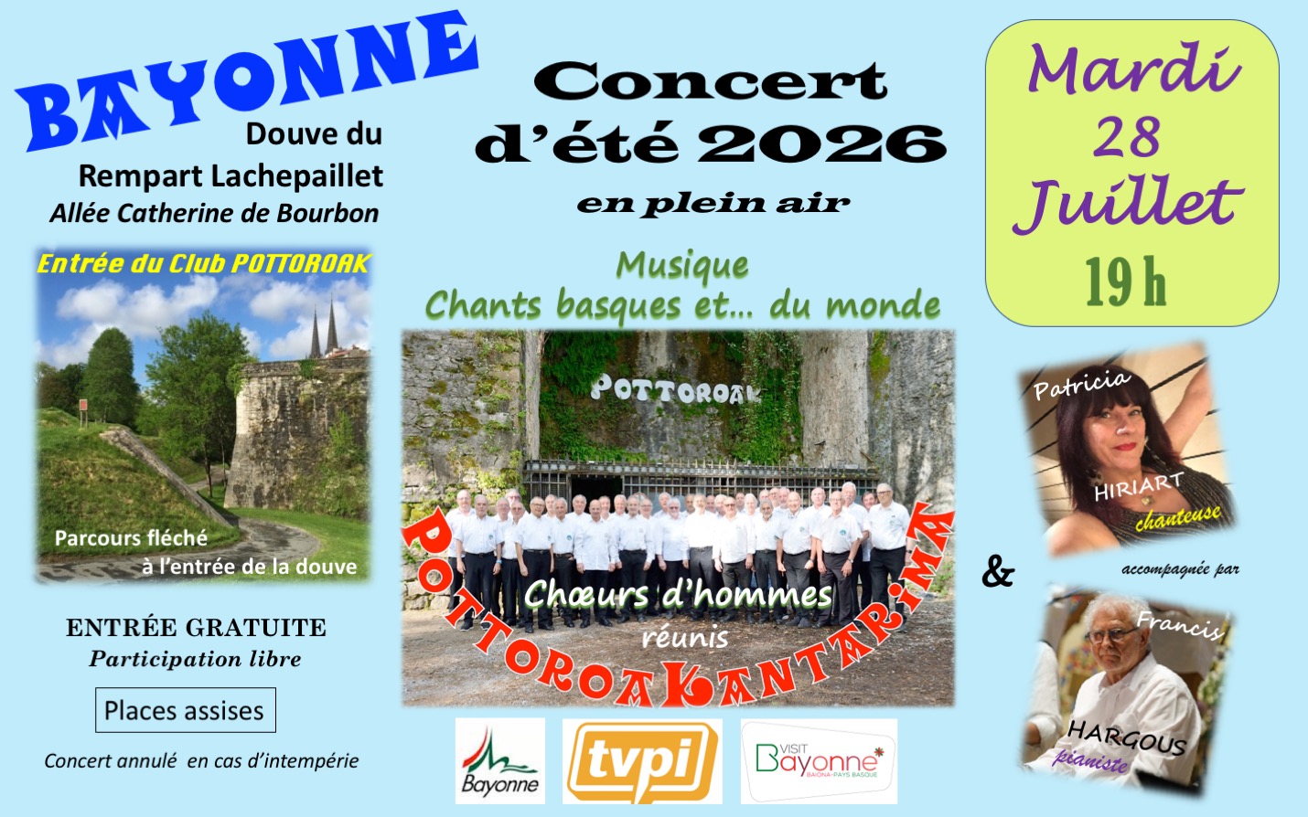 Concert d'été en plein air musique et chants basques au Club Pottoroak Allée Catherine de Bourbon Bayonne 2026-07-28