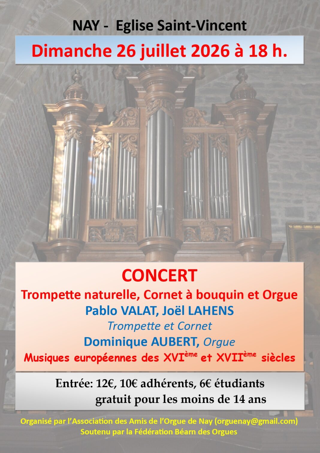 Concert trompette naturelle,cornet à bouquin et orgue Eglise Saint Vincent Nay